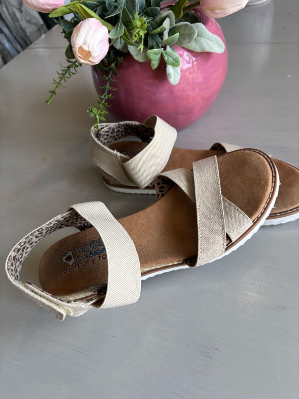 Skechers BOBS Neutral Beige Elastic Strap Sandals with Memory Foam